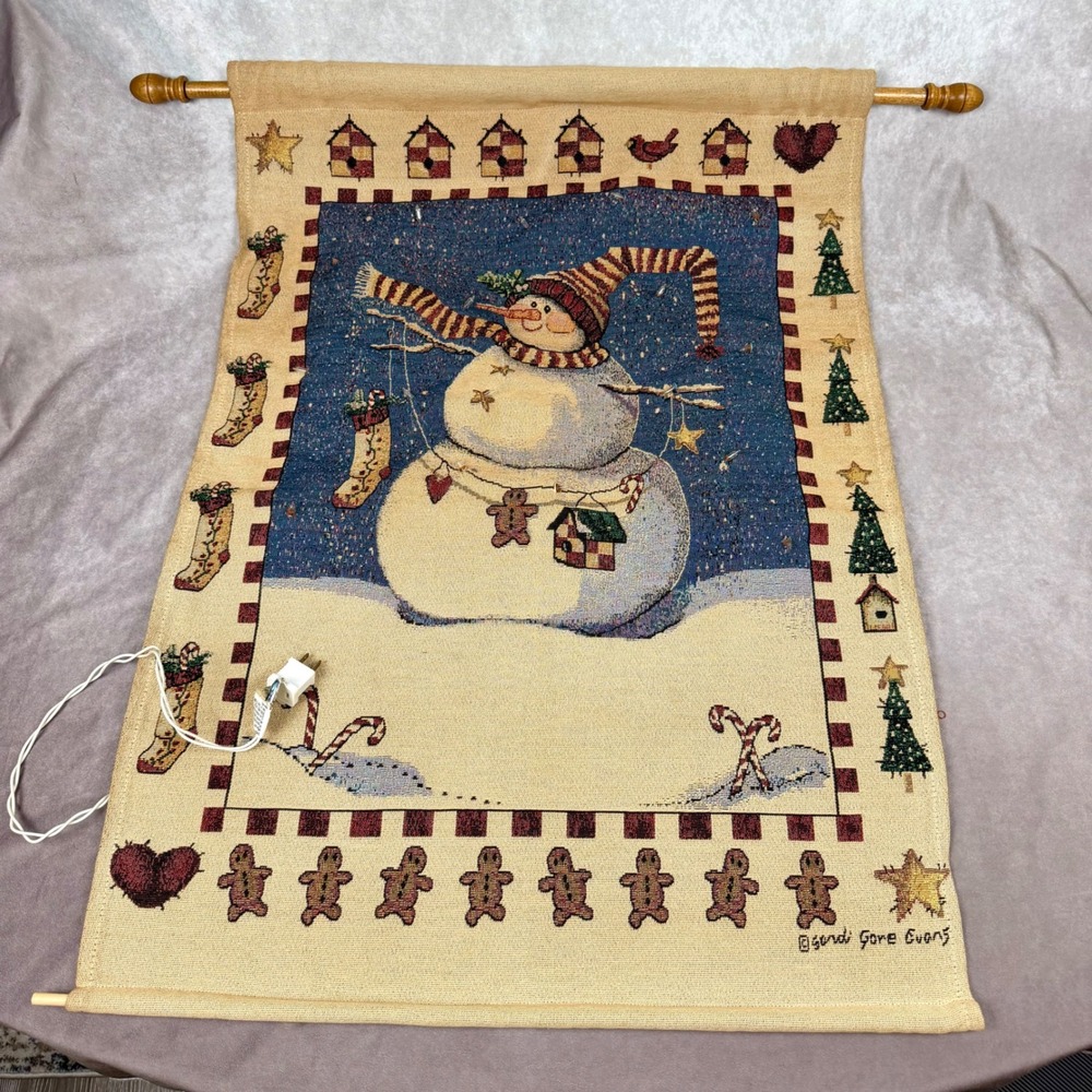 Sandi Gore Evans Peppermint Hill Lighted Woven Tapestry Wall Hanging Snowman 35"